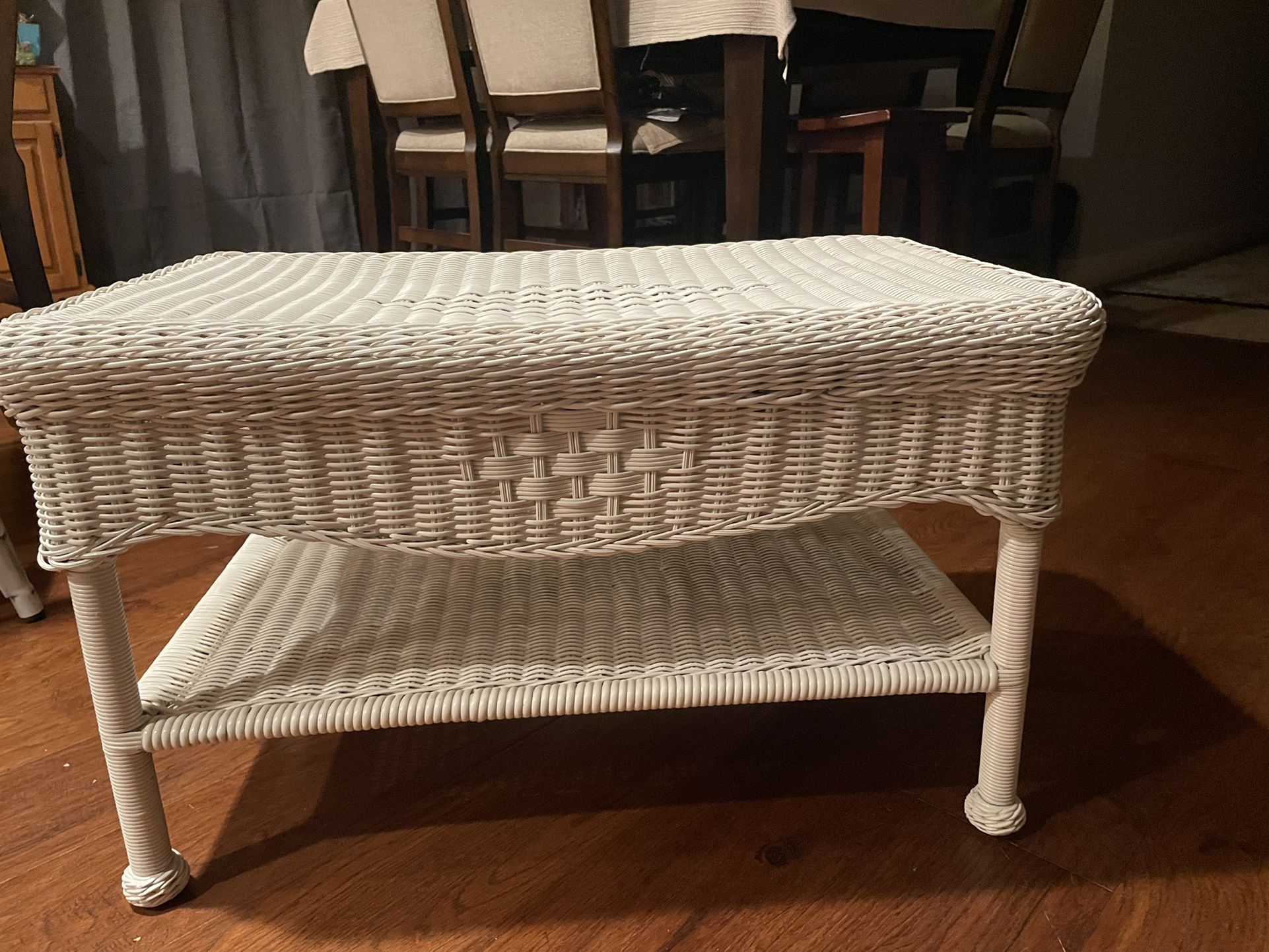 Vintage-White Woven Rattan Hampton Bay Wicker Outdoor Coffee Table