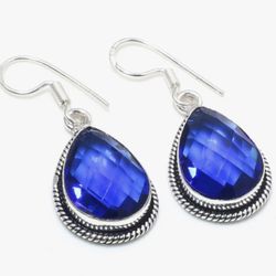 Solid 925 Sterling Silver Blue Tourmaline Gemstone Earring Jewelry Size 1.58"