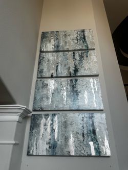 Modern Abstract Blue & Silver Foil Canvas Panel Wall Art Set - 4 Panels (Set, Pairs, or Singles)