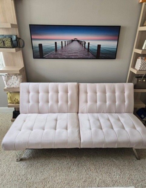 Light Pink Velvet Futon Sofa Bed — Like New
