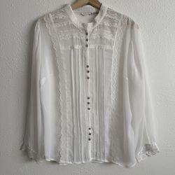 WHITE STAG Vintage White Academia Victorian Lace Sheer Chiffon Button Up Blouse