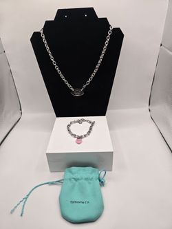 Return to Tiffany Oval Tag Necklace & Pink Heart Charm Bracelet Set