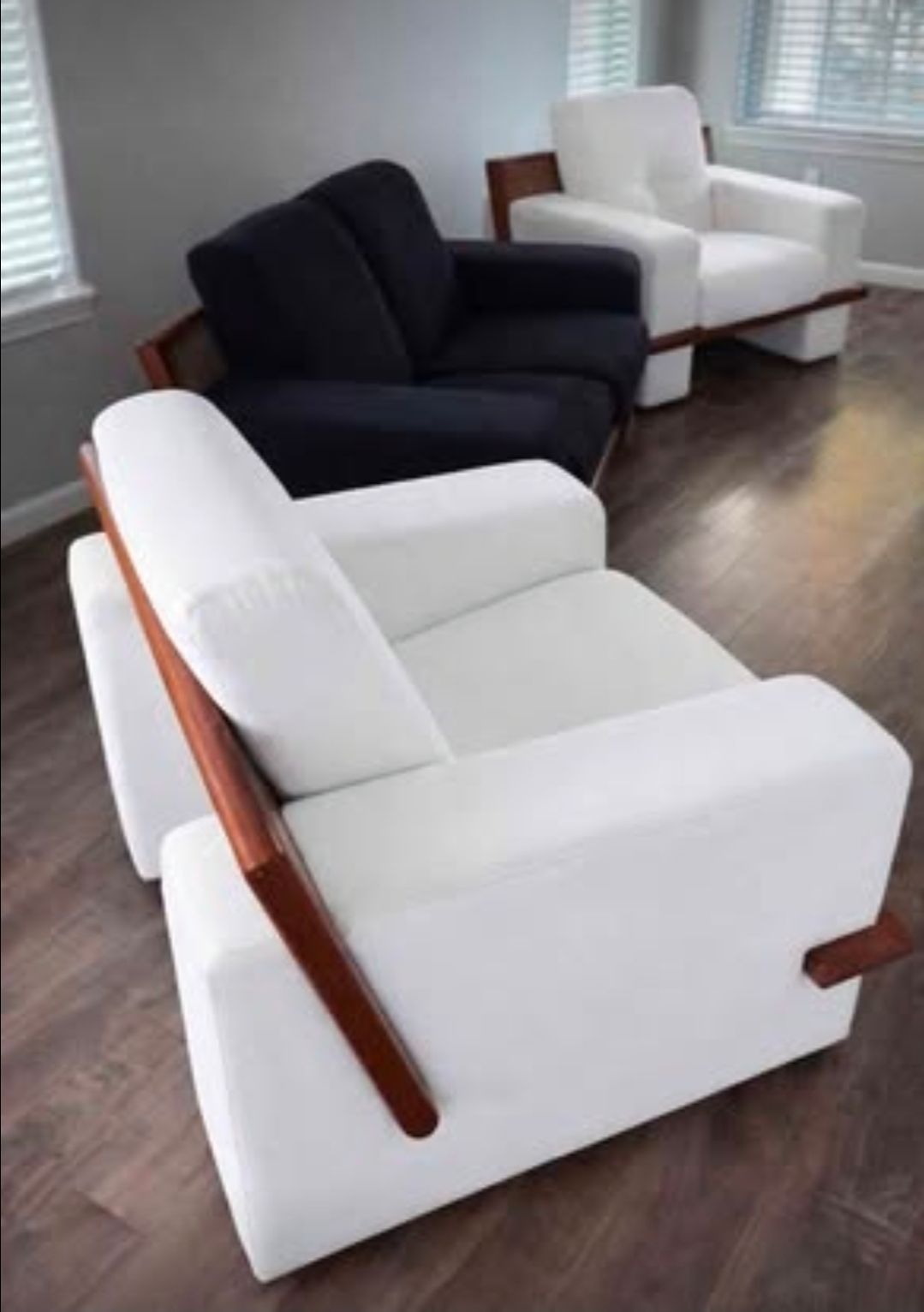 Black Loveseat and 2 White Living Room Chairs