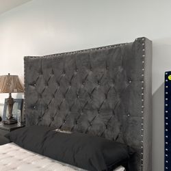 DIAMOND VELVET BED FRAME QUEEN SIZE BLUE BLACK GREY