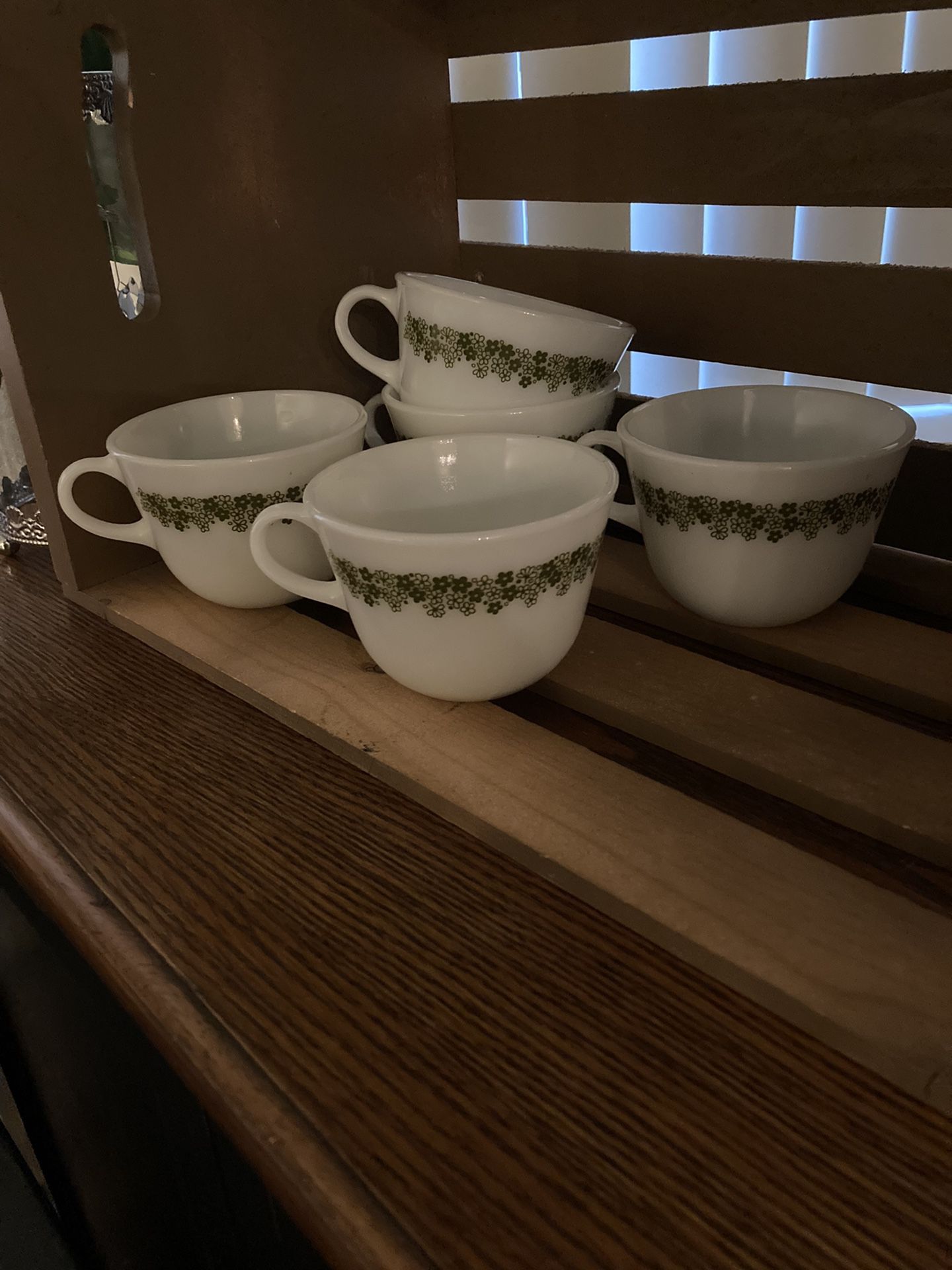 Pyrex Green Flower Milk Glass Coffee Cups 