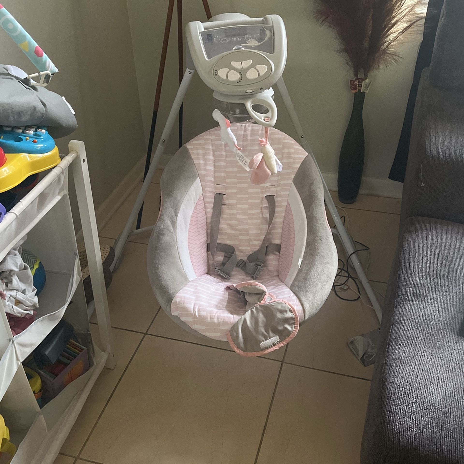 Ingenuity InLighten Baby Swing, Easy-Fold Frame, Swivel Infant Seat, Lights - Flora the Unicorn (Pink)