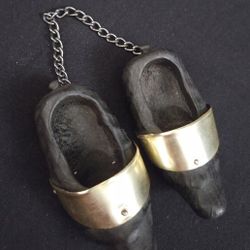 Vtg Handcrafted Wood & Brass Mini Clog Shoe Decor  4"x1.75" (each)