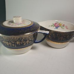 Century Salem Blue W/GOLD  Floral Porcelain Sugar Bowl W/Lid &  Creamery 