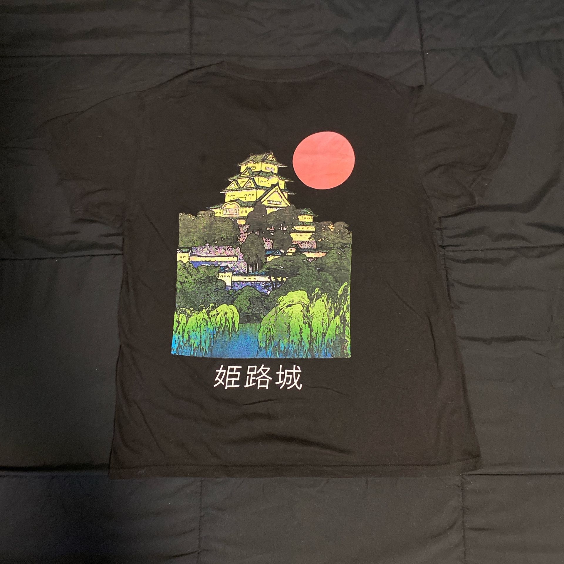 Black Graphic Tshirt With Cool Multicolor Japanese Building Art Design