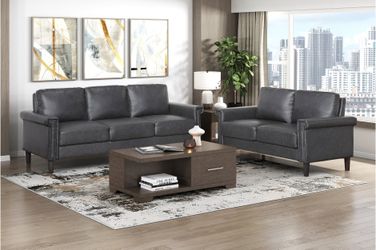 Brand New Dark Gray Synthetic Leather Sofa + Loveseat 2PCs Set