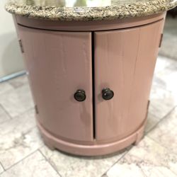Round Wooden Night Stand With Real Marble Top.  New Refinish  With  Pink Chalk Paint.  27”  Top. X 25” H 