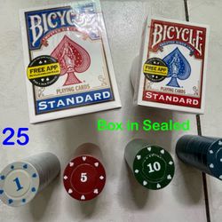 Number Poker Chips and  2 Decks Bicycle Card- All New