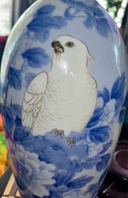 Fukagawa Arita Porcelain Vase With a White Crested Cockatoo, Peonies, W/Stand