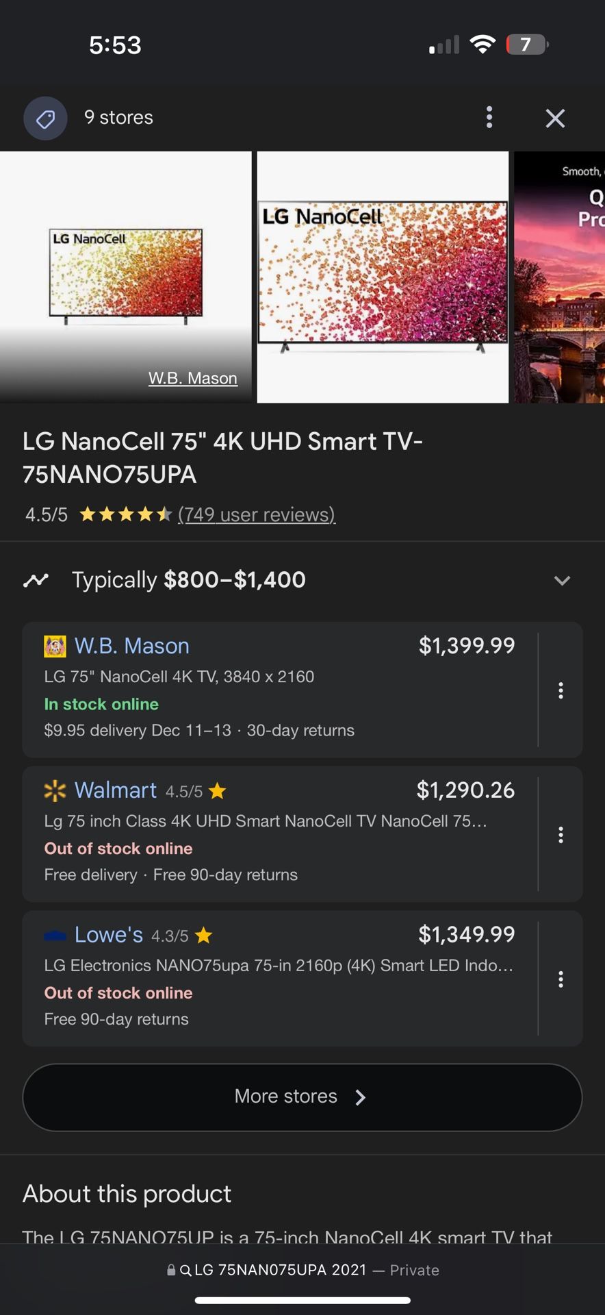 NanoCell 75” LG 2021