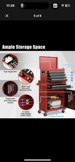 5-Drawer Rolling Tool Chest Storage Cabinet W/Drawers, Wheels, Detachable Top