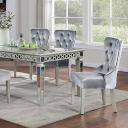 Beautiful 7 Piece Silver Dining Set Brand New In Box Firm Price $1,760 Mirrored Table Grey Velvet Chairs With Faux Crystal Tufted 
