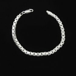 7" x 6mm Solid Sterling Silver Box Link Bracelet w Lobster Claw, Italy