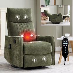 New 360° Swivel Manual Chenille Recliner, Lazy Sofa, Rocker Chair with Massage and Heat- Green