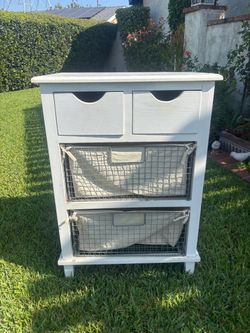 White Wood Storage Cabinet with Wire Baskets