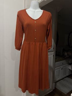 Burnt Orange Button Front Midi Dress With Pockets Stretchy V-Neck 3/4 Sleeve