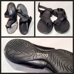 ECCO Thong Sandals Black Leather Toe-Loop EU 38 (US 7 to 7.5) Hook & Loop Strap