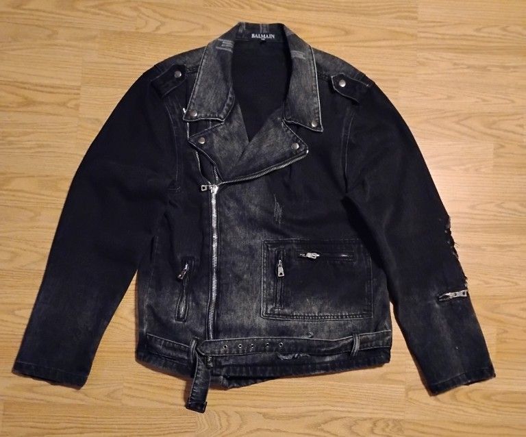 Balmain Denim Biker Jacket Sz Large 100% Authentic!!