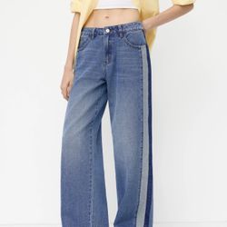 DENIM MID RISE PATCHED STRAIGHT LEG JEANS