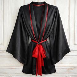 Vintage Victoria’s Secret Black Satin Kimono Robe Red Trim Boudoir Lingerie XS