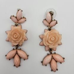 Dangle Pierced Earrings Peach Flower Faceted Marquise Statement Gold Tone 2 5/8"