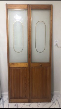 2 doors, 80”-18”. 36”natural wood finish with varnish, Very Good Condition