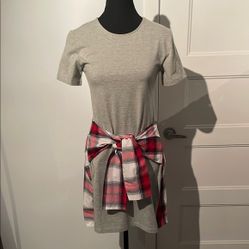 Design Lab Lord &amp; Taylor Gray Mini Dress with Red Plaid Accent 