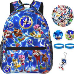 5-Piece Stylish Cartoon Backpack, Gaming Backpack Bundle with Keychain, Stickers, Badges, Bracelets, and Travel Bag 