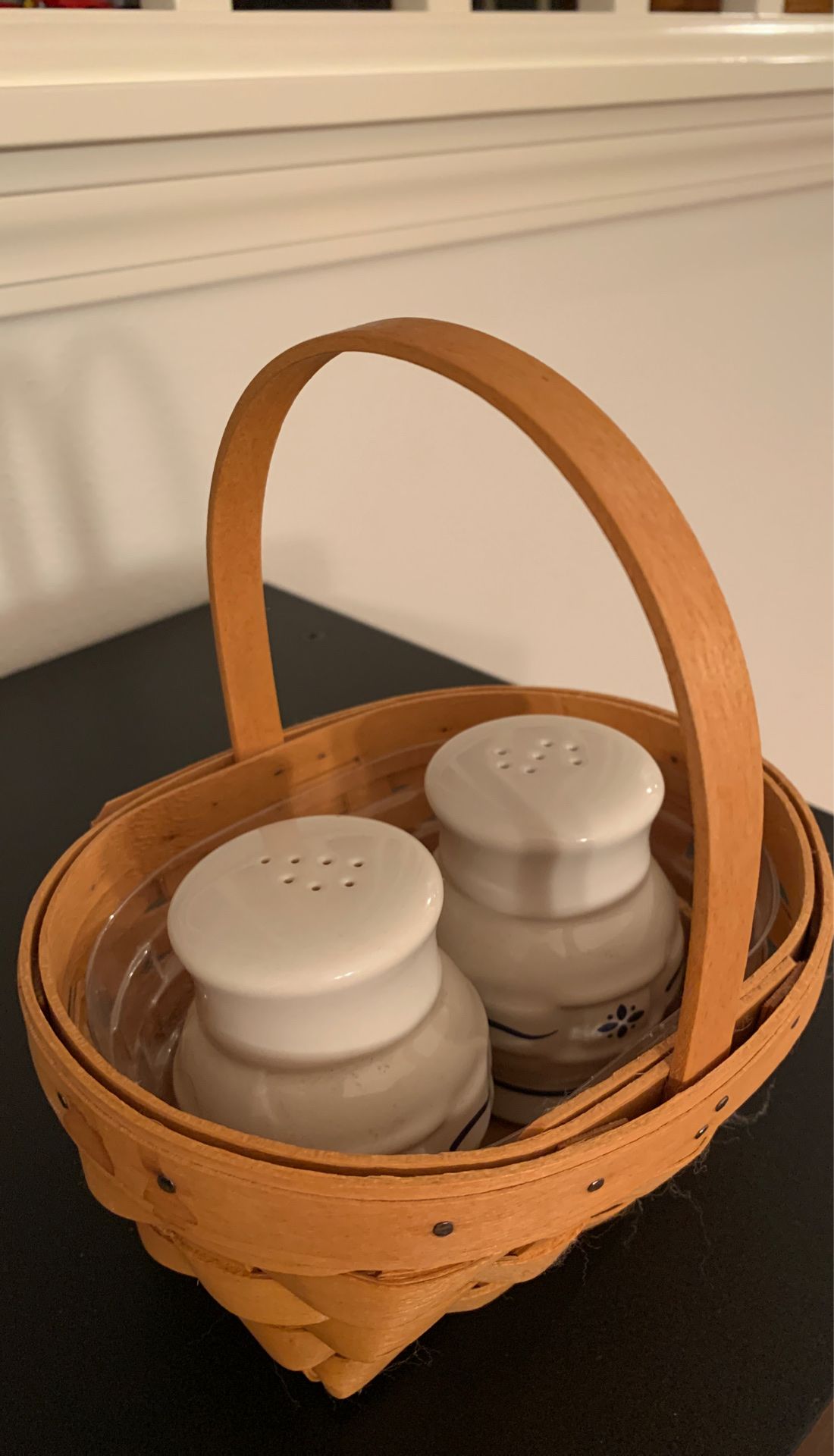 Longaberger small basket pottery blue salt & pepper shakers $20