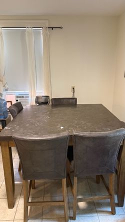 54 x 54 high top marble kitchen table, 4 chairs and bench with storage