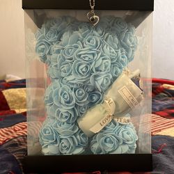 Blue flower bear with I love you necklace