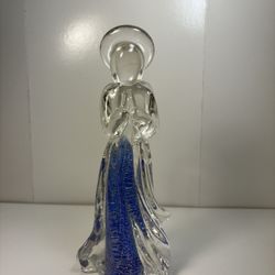 Vintage Art Glass Praying Angel Figurine Clear with Blue Silver Fleck