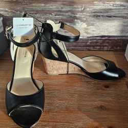 NIB Liz Claiborne Size 9 Black Wedge 3" Heels Strappy Sandal Wedge