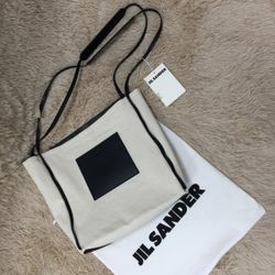 JIL SANDER Border medium canvas and leather tote bag
