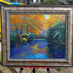 Bridge in Autumn original impressionism acrylic on canvas