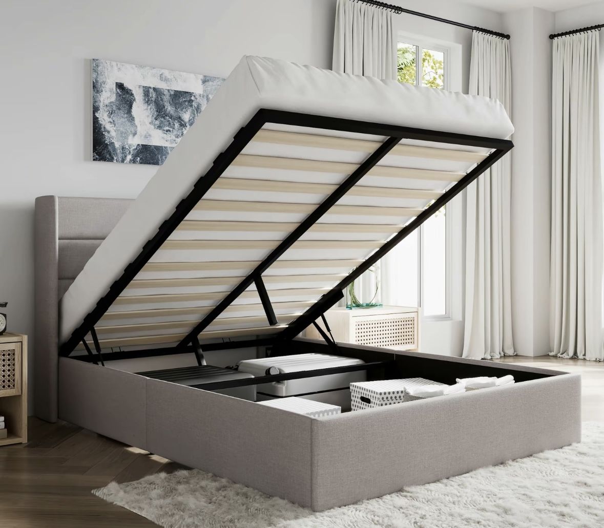 SHA CERLIN Lift Up Storage Bed/ Modern Wingback Headboard/Upholstered Platform Bed Frame/Hydraulic Storage-Wood Slats Support- Frame Only No Mattress