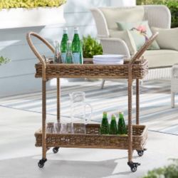 Hampton Bay Brown All-Weather Wicker Rectangular Patio Outdoor Bar Cart with Casters