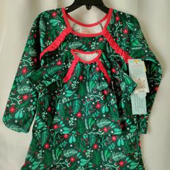 Christmas Girl Pajamas Nightgown Dress & Matching Doll Dress Toddler Kids Size 3T New