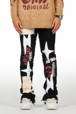 Black Patchwork Skull Stacked Flare Jeans Size 30