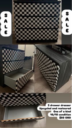 🖤🤍 Restored 3-Drawer Checkerboard Dresser – Unique Statement Piece 🤍🖤