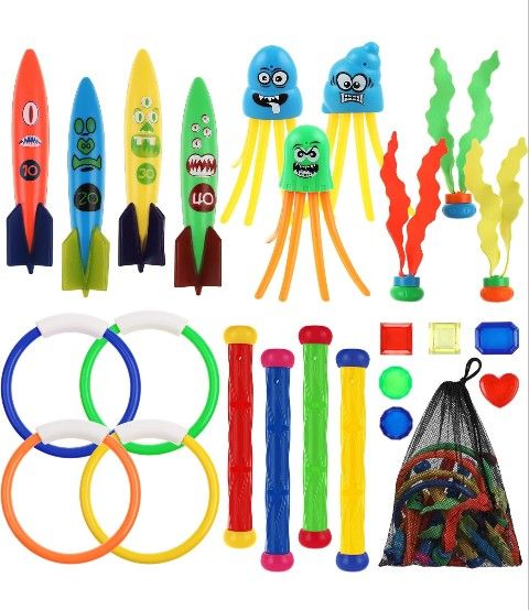 Diving Pool Toys Set, 24 PCs Underwater Toys Swimming Treasure Game Toys for Kids and Dogs with Storage Bag