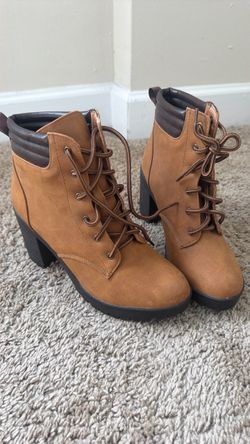 Tan Lace-Up Heeled Ankle Boots