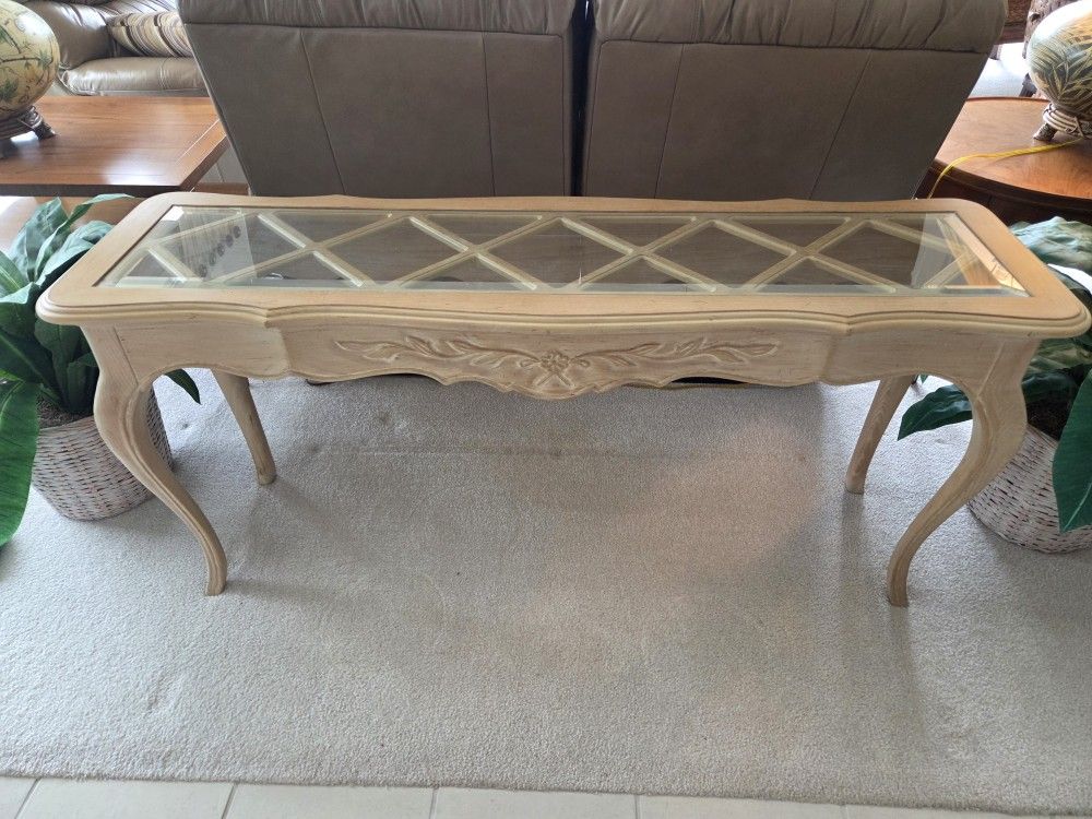 Drexel Heritage French Provential Sofa Table with Beveled Glass Inlay