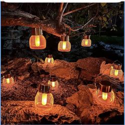 Anordsem Luces colgantes solares para exteriores: 8 linternas de llama de malla metálica con clip - Iluminación LED cálida impermeable para decoración