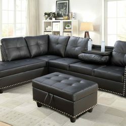 Brand New Black Leather Nail Studded Sectional With A Drop Down Table & Storage Ottoman 
