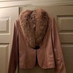 Pink Genuine Leather Jacket With FAUX FUR Sz M